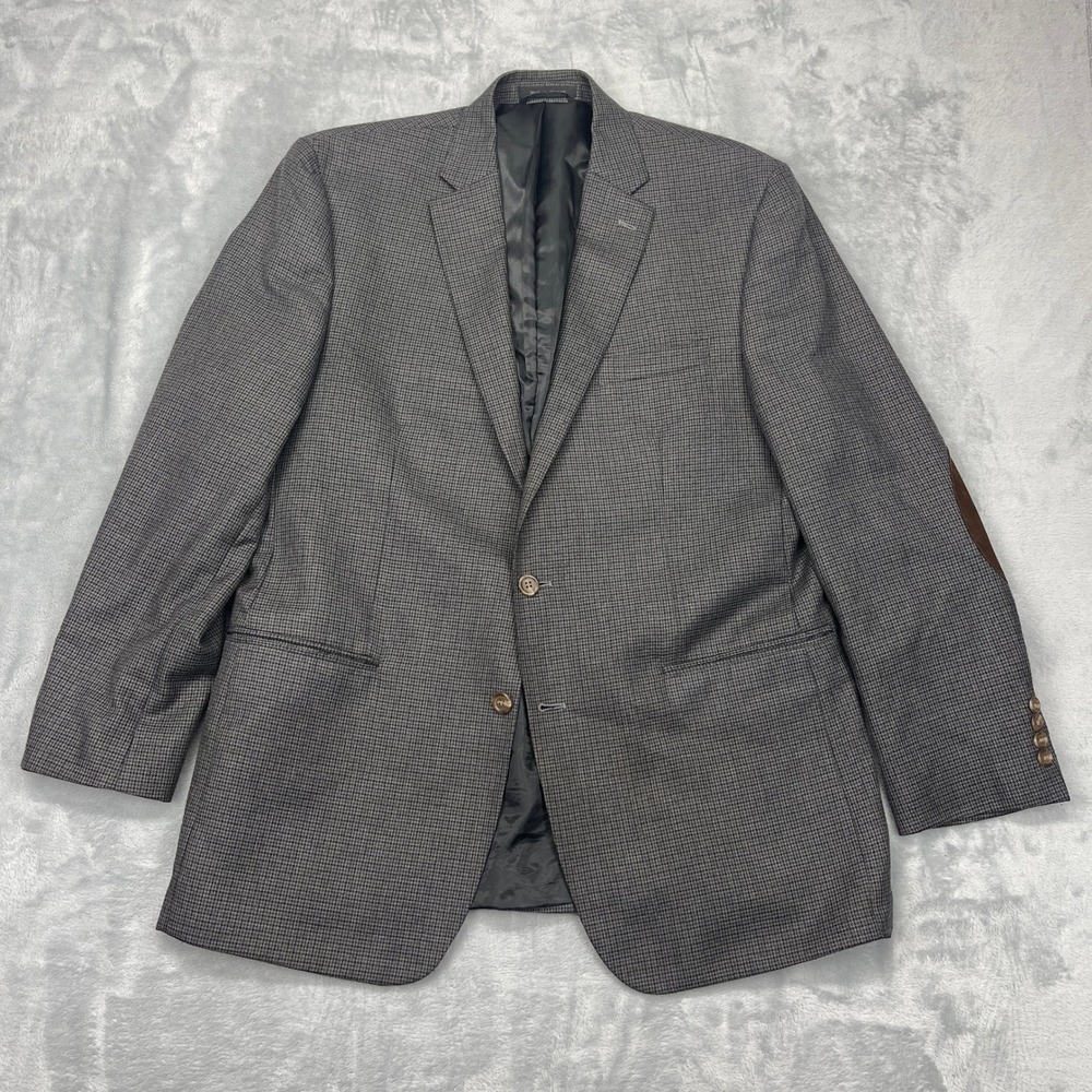 CHAPS Blazer Sport Coat Mens XL‎ Gray Houndstooth Elbow Patches Single Breasted